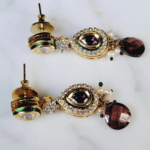 Statement Cocktail Earrings Dangle Drop Pierced Purple Green Delicate Pe… - Picture 8 of 12